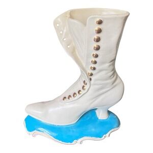 Vintage Atlantic Mold‎ 10.5" Ivory Gold Ceramic Victorian Button Up Boot Vase